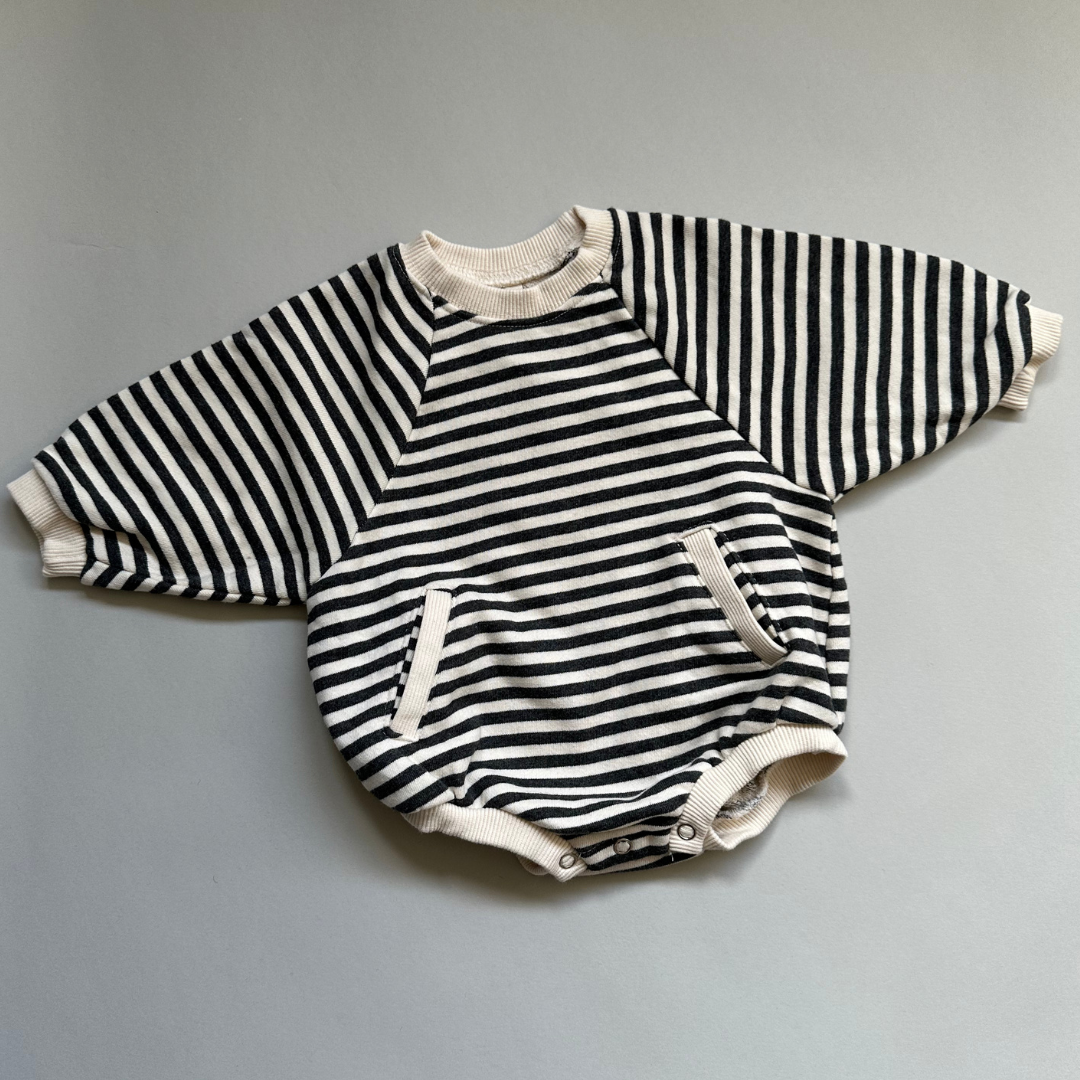 stripe pocket baby onesie - charcoal